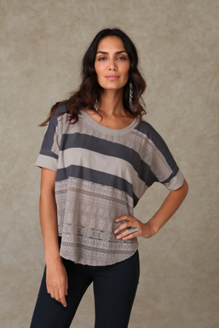 We the Free Lace & Stripe Short Sleeve Top