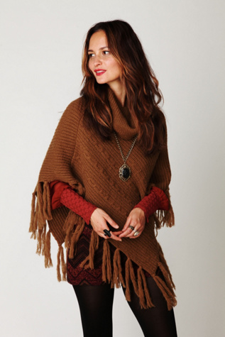 Cable Fringe T Neck Poncho