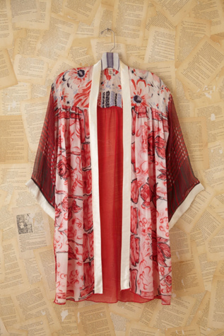 Free People Vintage Red and White Printed Silk Kimono in vintage-skirts