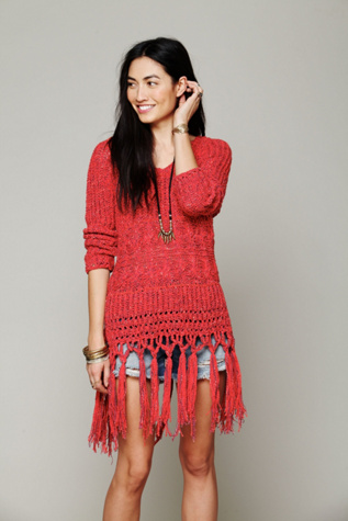 Free People Hooded Fringe Pullover in Cable-Knit-Sweaters
