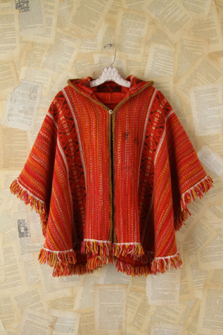 Vintage Orange Woven Fringed Poncho