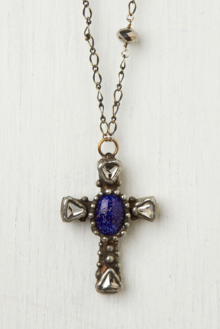 Brass Cross With Blue Stone Necklace 