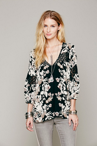 Free People Floral Printed Bubble Sleeve Tunic